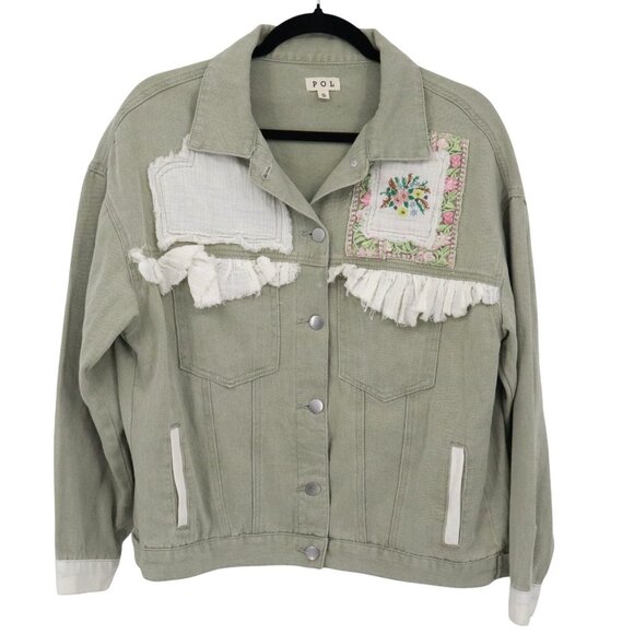 POL Jean Jacket Womens S Sage Green NWOT Cottagecore Boho Hippie Granny Eclectic - Picture 1 of 16